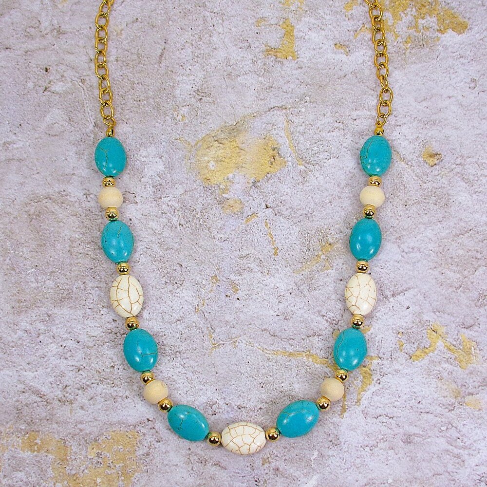 Turquoise and white stone bead necklace mixed with white wood and gold beads